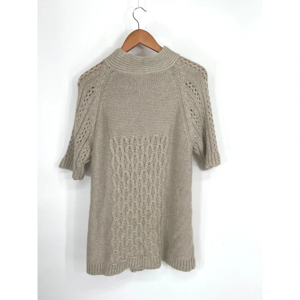 Chicos Womens Cardigan 2 M/L Sweater Beige Wool Blend Short Sleeve Mohair Wool